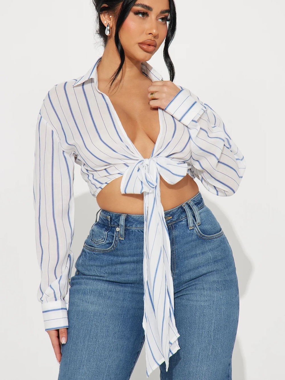 Fashion Nova White Button-Down Tie-Front Shirt with Blue Stripes